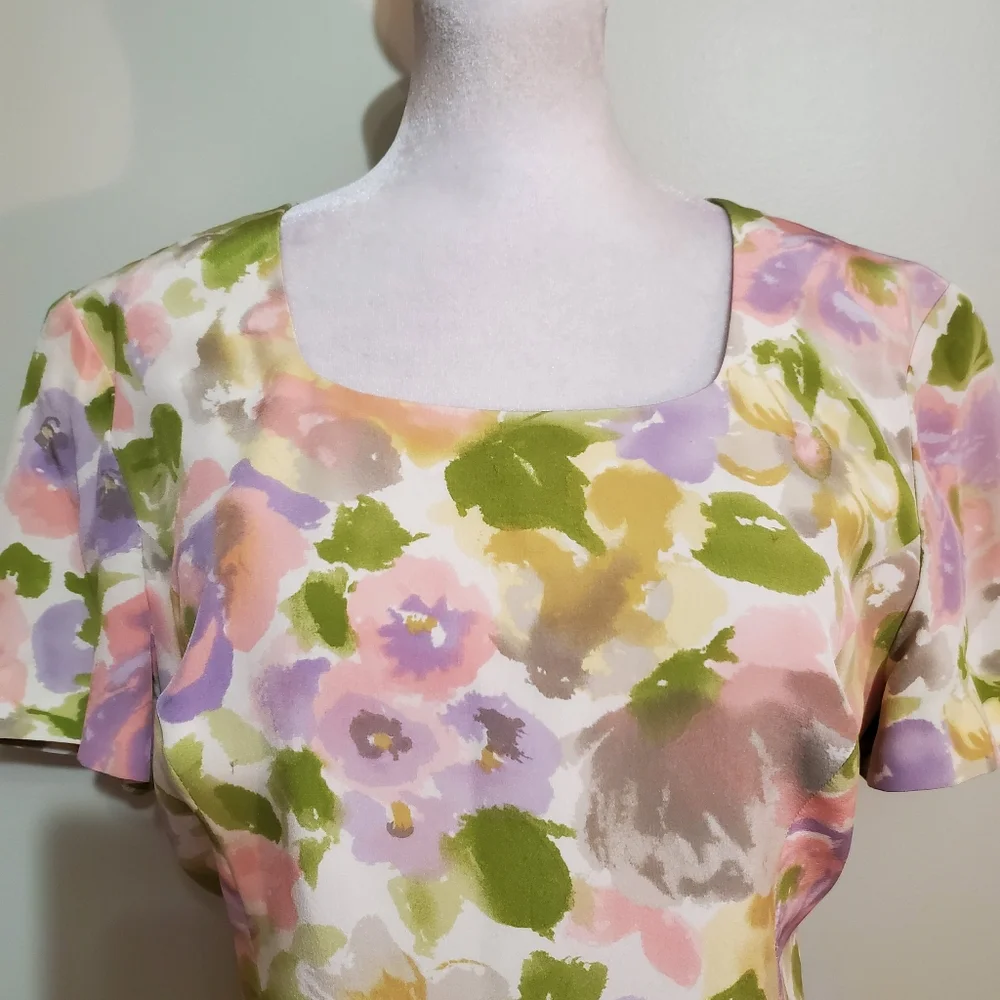 Maggy London Vtg 80s silk pastel floral watercolor square neck sheath dress 6 - Picture 5 of 12